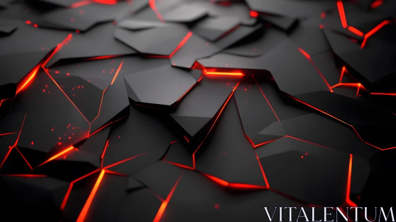 Futuristic Black Polygonal Surface with Glowing Red Cracks.
