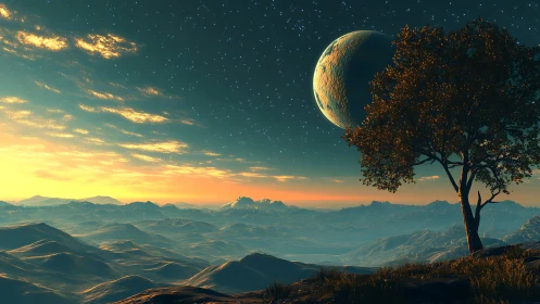 Crescent planet over stratified valleys under high contrast twilight