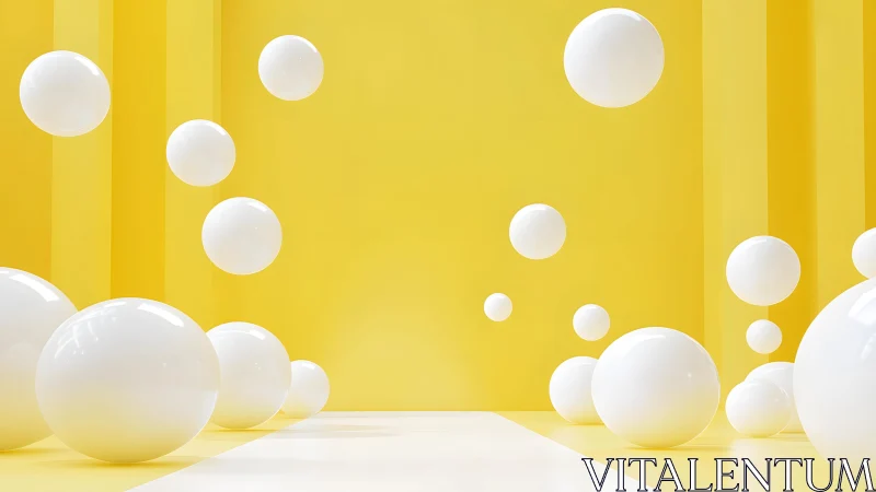 White spheres hover across vivid yellow geometric room