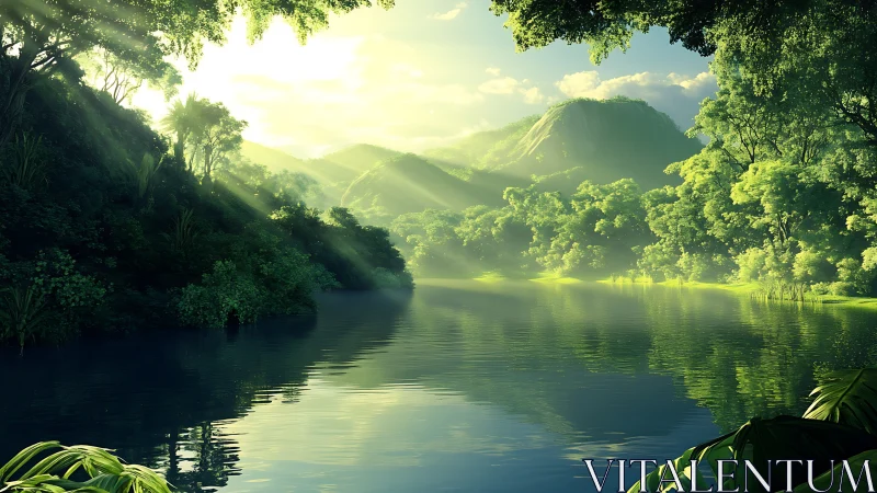 Luminous rainforest valley lake in cinematic digital painting style.