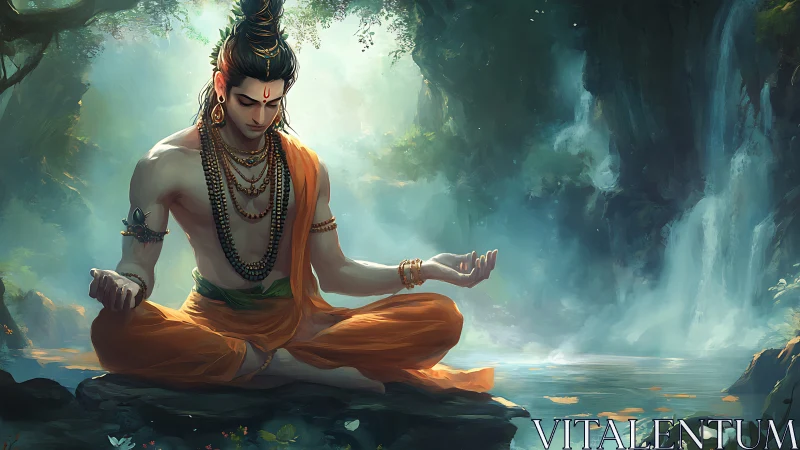 Serene ascetic meditates by a luminous waterfall sanctuary