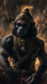 Mythic simian guardian in gold armor amid digital flames.