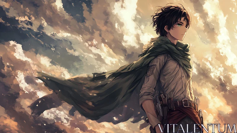 Wind-tossed hero standing strong beneath painted skies.