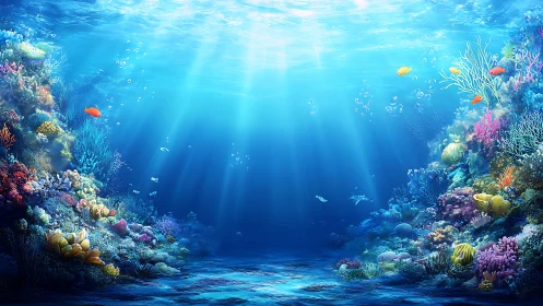 Radiant pelagic reef panorama under refracted caustic light.