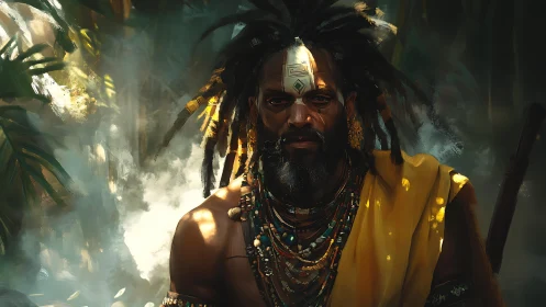Mystic jungle shaman stands in dappled golden light