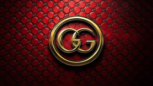 Luxurious Gold Double G Logo on Red Textured Leather Background.