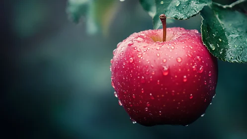 Rain-kissed red apple captured in high-contrast macro focus