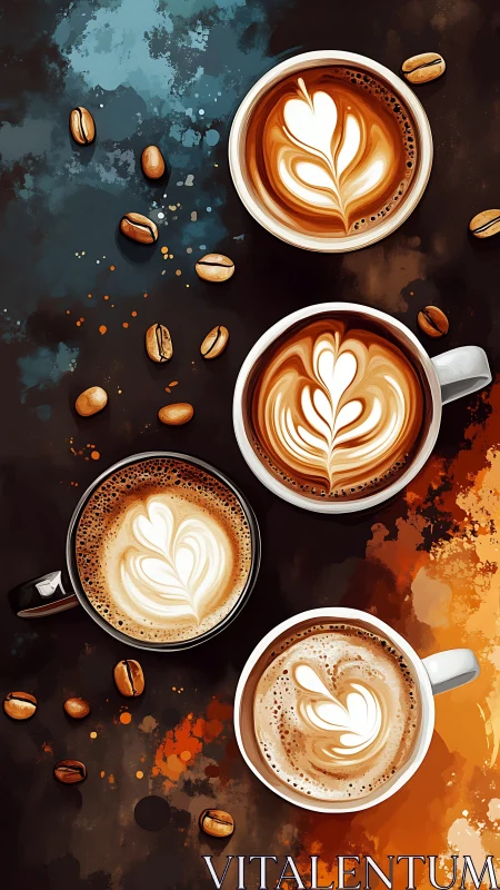 Four coffee cups with latte art and beans on abstract ground.