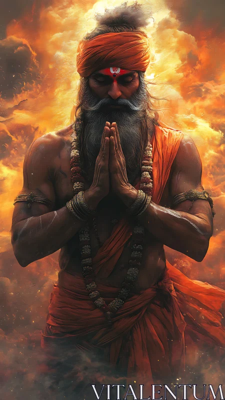 Fiery digital yogi portrait with folded hands in orange robes