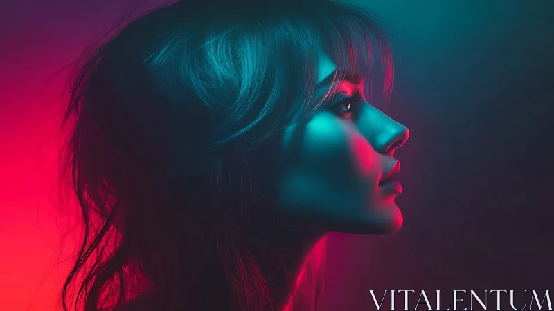 Neon side profile portrait isolates female face in duotone glow