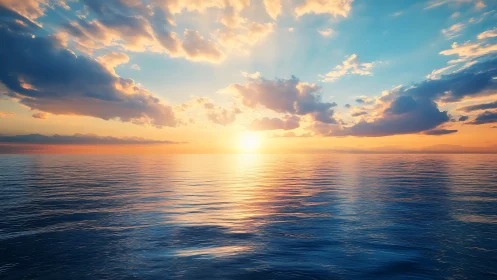 Sun sets over calm ocean horizon under scattered clouds