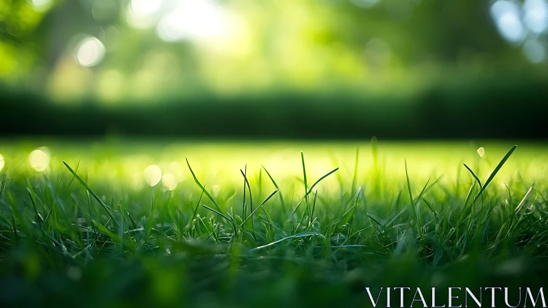 Close-up of vibrant green grass in soft morning sunlight, bokeh style.