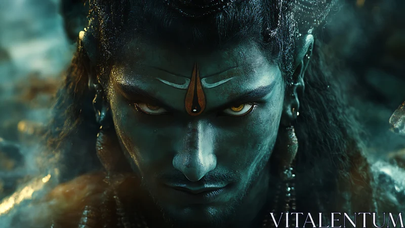 Mythic blue-skinned figure with glowing eyes in close focus.