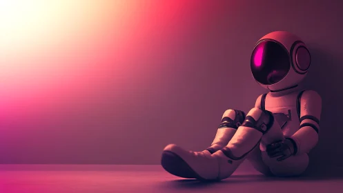 Small seated astronaut robot under pink gradient light
