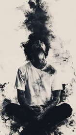 Tattooed figure exhales swirling black smoke in meditation