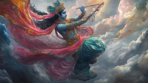 Skyborne blue deity playing a flute in jeweled tempest robes.