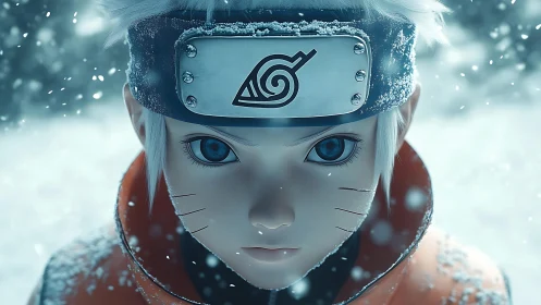 Snowbound anime warrior in intense frontal close-up portrait.
