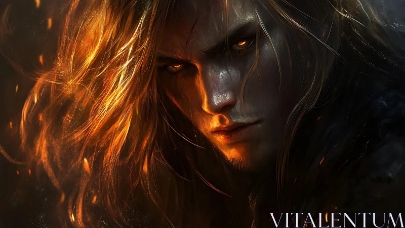 Fiery-eyed warrior bathed in ember-lit shadowed fury.