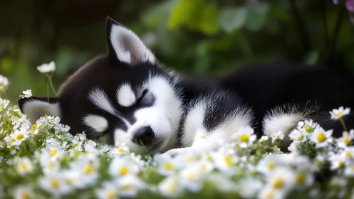 Sleeping husky puppy lying in white daisies outdoors.