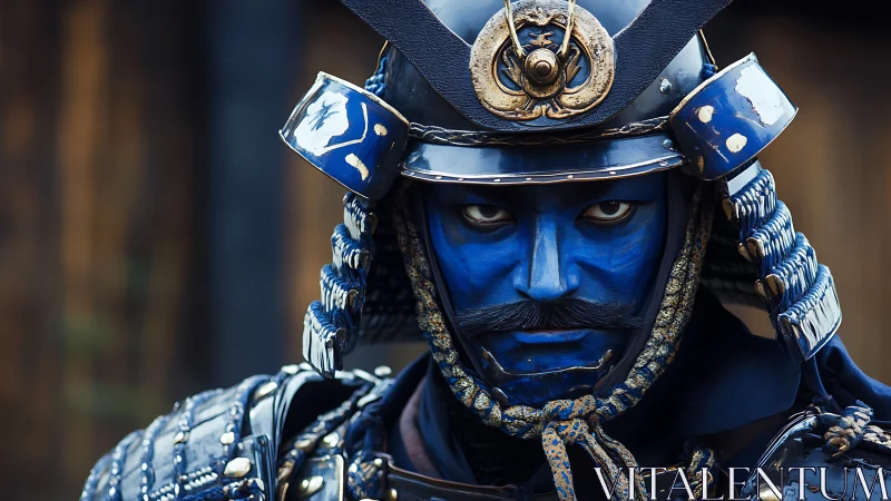 Blue-armored samurai warrior portrait in frontal view.