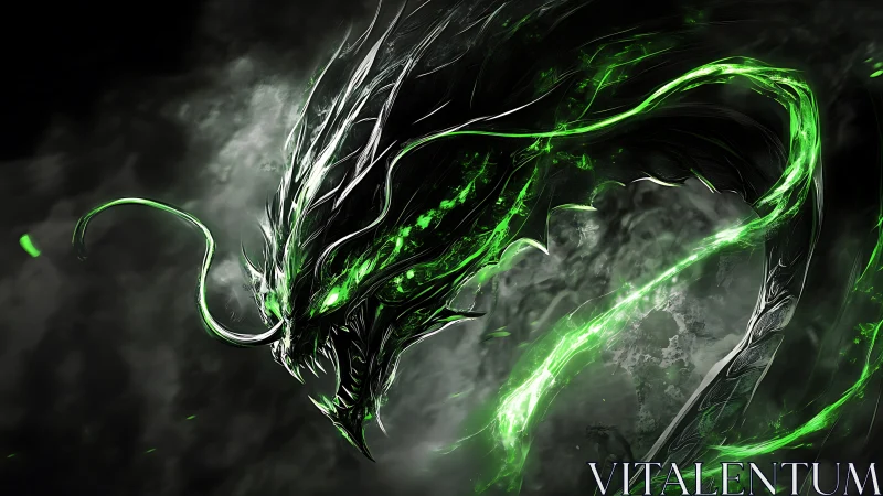 Spectral dragon head with luminous green energy streams