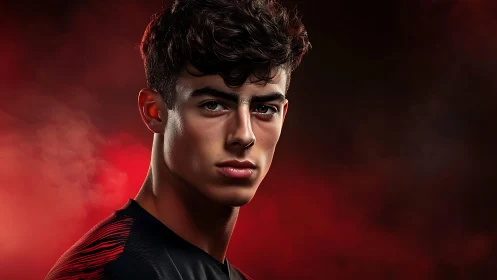 Intense young athlete portrait under dramatic red light.