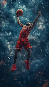 Stellar dunker soars through a cosmic nebula sky.