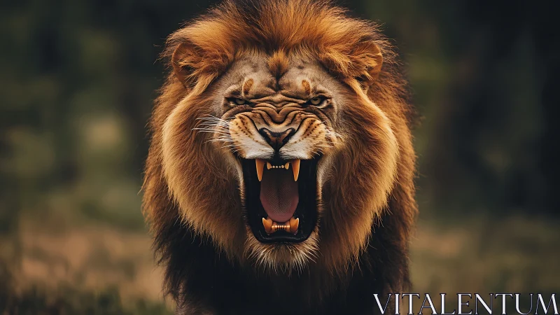 Roaring dusk monarch lion blazing through soft savanna shadows.