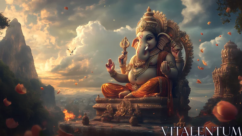 Majestic Ganesha throne amid drifting petals and dawn clouds.