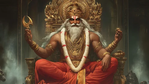 Digital painting of mythic king on ornate golden throne.