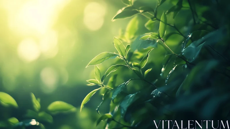 Backlit green leaves with dewdrops in shallow depth-of-field glow
