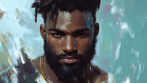 Digital portrait of bearded man with abstract teal background.