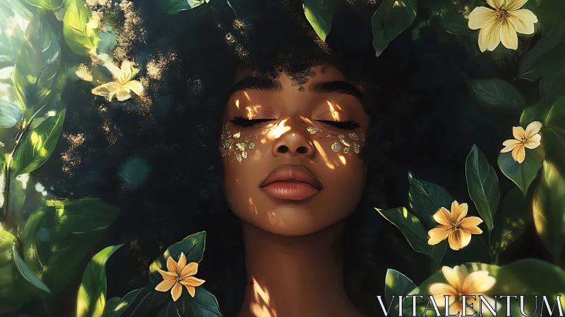 Sunlit dreamer rests peacefully in a glowing garden embrace