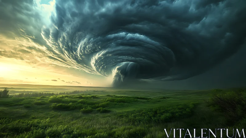 Supercell vortex over verdant plains at cinematic sunrise.
