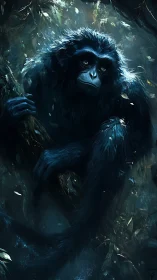 Digital painting of luminous forest primate in chiaroscuro composition.