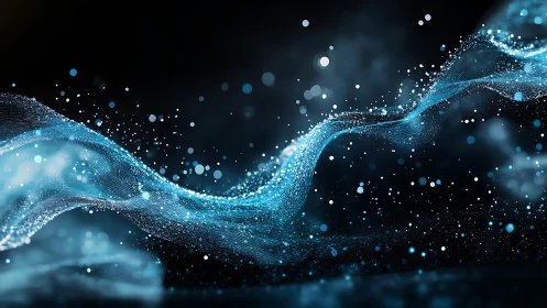 Abstract flowing wave of blue particles in digital art style.