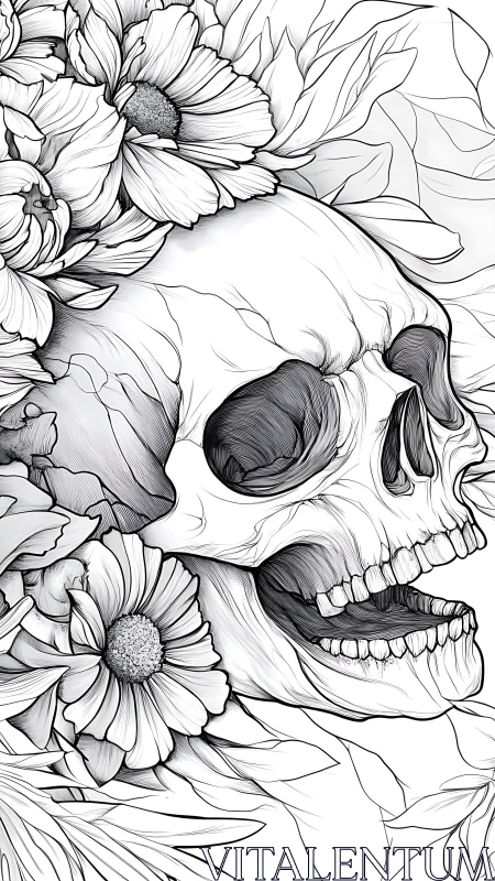 Gentle skull nestles among blooming flowers in quiet harmony