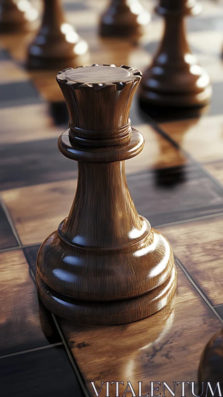 Warm wooden chess queen ready for quiet strategic play.