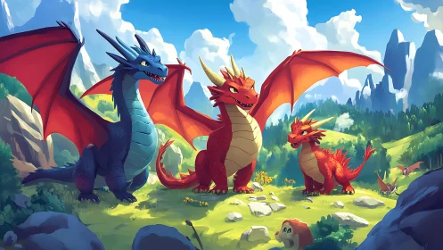 Dragon family stands over sunny valley with distant peaks