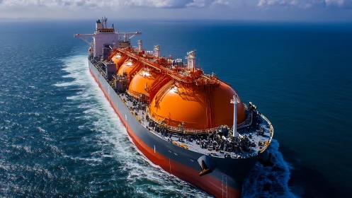 Massive LNG carrier cuts through deep blue open ocean waters