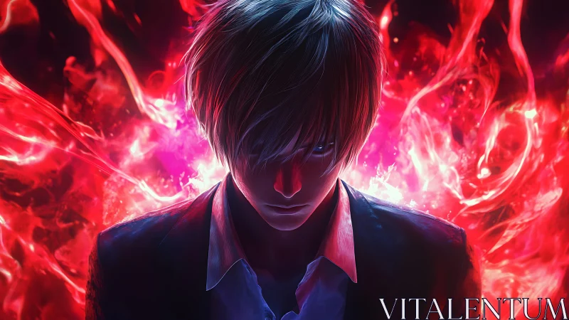 Intense anime antihero framed by vivid red flames.