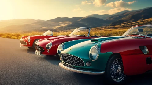 Classic sports roadsters parked on scenic mountain highway.