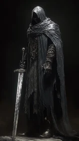 Armored wraith knight in corroded cloak with vertically poised longsword