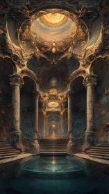 Ornate vaulted hall with baroque columns and luminous domed oculus