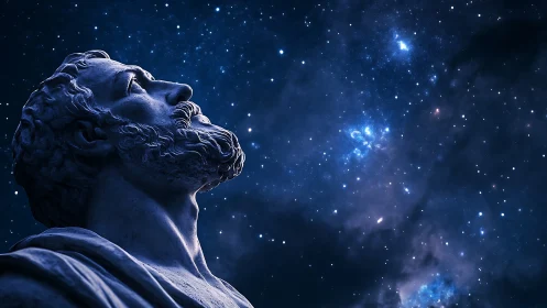 Marble philosopher profile gazes into a deep blue starfield