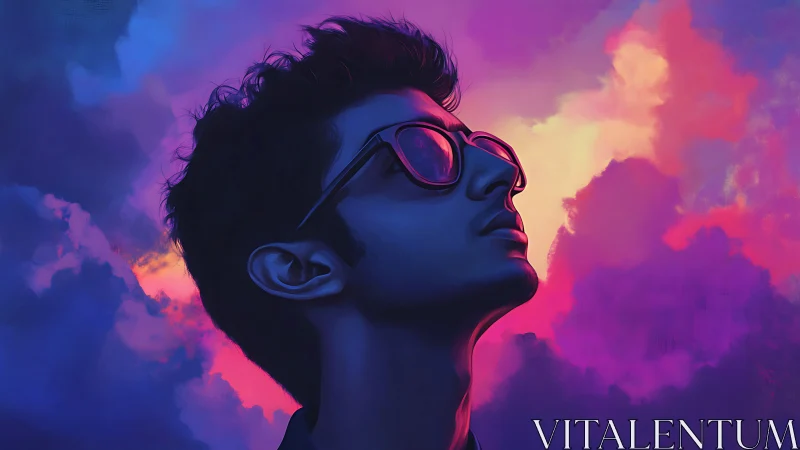 Digital painting portrait with neon gradient atmospheric clouds.
