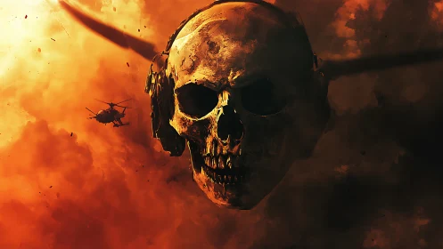 Combat skull apparition aligned with helicopter rotor silhouettes