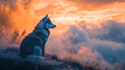 Husky dog sitting on cliff edge above glowing sunset clouds.