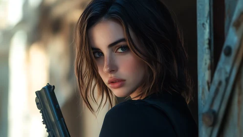 Armed woman stands alert in sunlit industrial alley