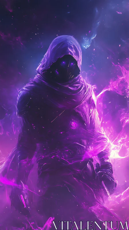 Hooded cosmic wanderer wrapped in glowing violet energy.